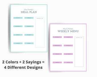 4 Weekly Meal Planning Weekly Menu Digital Printable Downloadable Templates