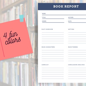 Puede incluir: Una plantilla de informe de libro imprimible con secciones para el nombre, el título, el género, el autor, la fecha, la descripción general de la trama, el escenario, los personajes principales, los temas principales, el conflicto y el análisis de la conclusión.