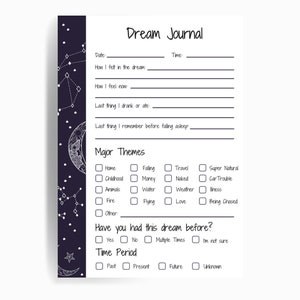 May include: A black and white printable dream journal with a celestial theme. The journal includes sections for date, time, how you felt in the dream, how you feel now, last thing you drank or ate, last thing you remember before falling asleep, major themes, have you had this dream before, and time period.