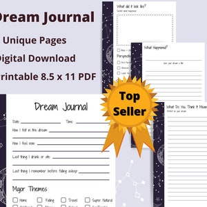 May include: Printable dream journal with a black and white constellation design. The journal has four pages and includes sections for recording the date, time, how you felt in the dream, how you feel now, the last thing you drank or ate, the last thing you remember before falling asleep, and major themes. The journal is labeled "Dream Journal" and is a top seller.