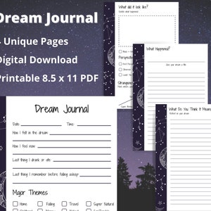 May include: Printable dream journal with four pages featuring a dark blue background with white stars and a crescent moon. The journal includes prompts for recording dreams, including date, time, how you felt in the dream, how you feel now, the last thing you ate or drank, the last thing you remember before falling asleep, and major themes. The journal also includes space to describe what the dream looked like, what happened, and what you think it means.