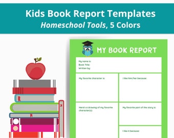 May include: Printable book report template for kids with a green background, an owl wearing a graduation cap, and a stack of books with an apple on top. The template includes sections for the book title, author, favorite character, favorite part of the story, and a drawing space.