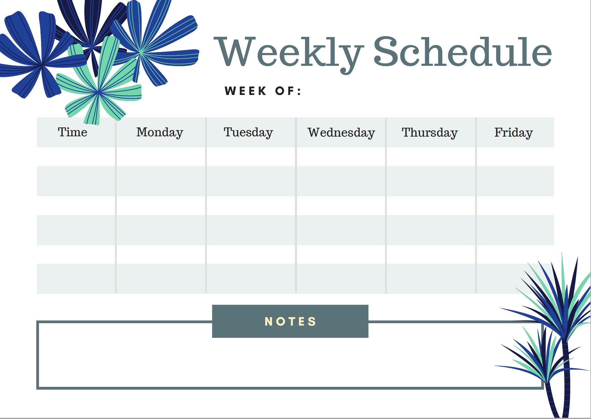 3 Weekly, Class, Work Schedule Calendars Green and Blue Plants ...