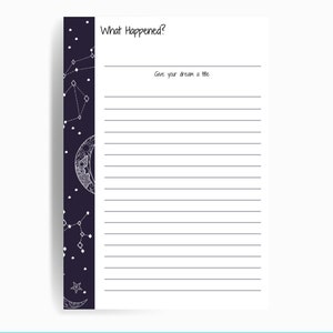 May include: A printable dream journal page with a dark blue background and white constellations, stars, and a crescent moon. The page has the title "What Happened?" and the text "Give your dream a title."