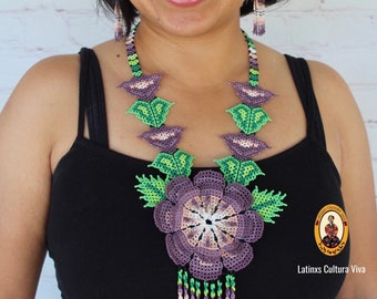 Huichol Necklace, Mexican Necklace Set, Rainbow Colorful Mexican Necklace, Fiesta Unique Chaquira Necklace, Beaded Necklace, Mexican Jewelry