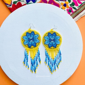 Handmade Huichol Earrings, Mexican Art, Ethnic Earrings, Huichol Chaquira ,Mexican Earrings, Boho Style Earrings, Women&#39;s Earrings.