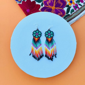 Mexican Earrings Huichol Earrings Floral Mexican Earrings, Boho Floral Earrings, Huichol Beaded Earrings, Beaded Earrings Statement Earrings
