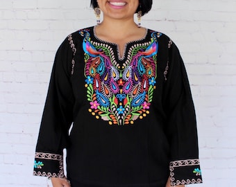Embroidered Mexican Blouse. Black Mexican Blouse. Traditional Mexican Blouse. Traditional Embroidered Blouse. Mexican Top Floral Mexican Top