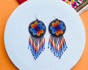 Seed Bead Mexican Earrings, Huichol Jewelry, Mexican Earrings, Boho Style Earrings, Huichol Beadwork, Dangle Earrings, Gift for Her