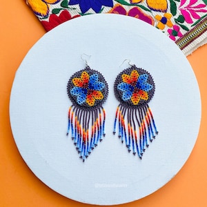 Seed Bead Mexican Earrings, Huichol Jewelry, Mexican Earrings, Boho Style Earrings, Huichol Beadwork, Dangle Earrings, Gift for Her