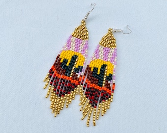 Beaded Earrings, Mexican Earrings, Huichol Art, Multicolor Mexican Earrings Artisan Earrings Mexican Jewelry Huichol Earrings Gift for Her.