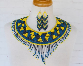 Mexican Huichol Jewelry Set- Colorful Floral Jewelry set - Boho hippie style- Mexican Necklace- Huichol Art- Huichol Necklace-Free Shipping.