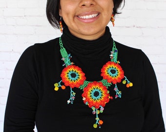 Handmade Mexican Jewelry set, Huichol Necklace, Beaded Necklace,Mexican Colorful Jewelry, Mexican Necklace,Collar artesanal, Huichol Art