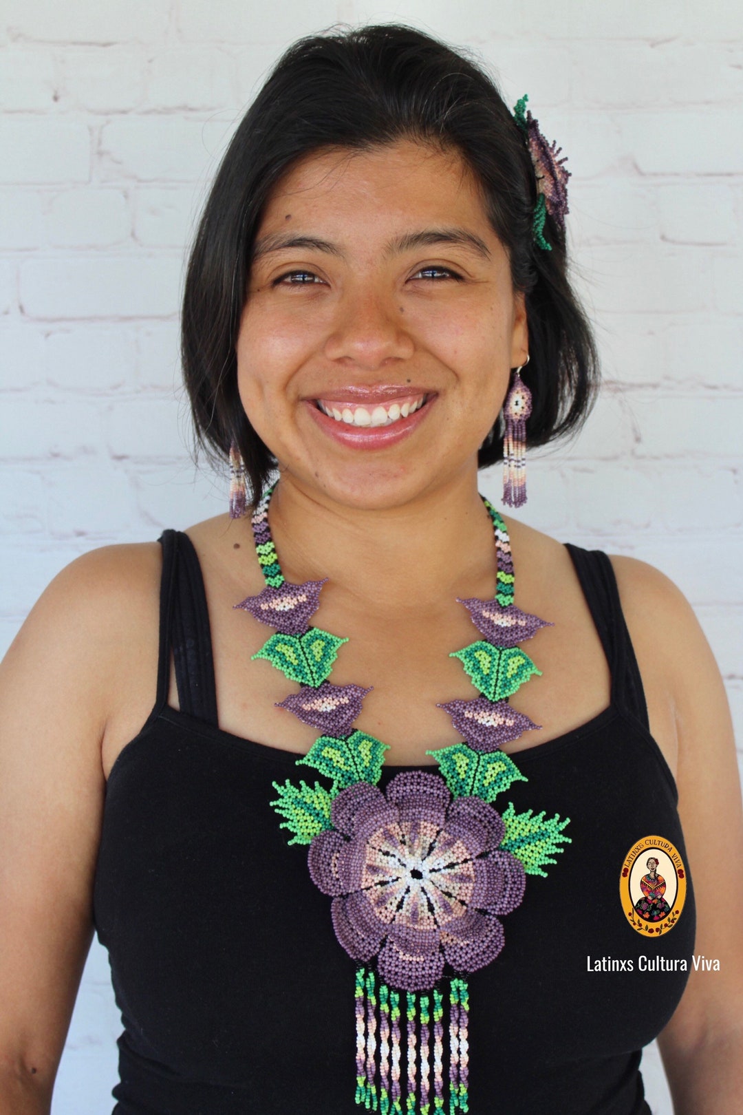 Mexican Jewelry Set. Beaded Mexican Necklace & Earrings. Flower Jewelry