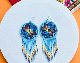 Huichol Earrings Huichol Art Mexican Earrings Hand Beaded Earrings, Flower Earrings, Mexican Jewelry, Mexican Folk Art, Boho Style Earrings