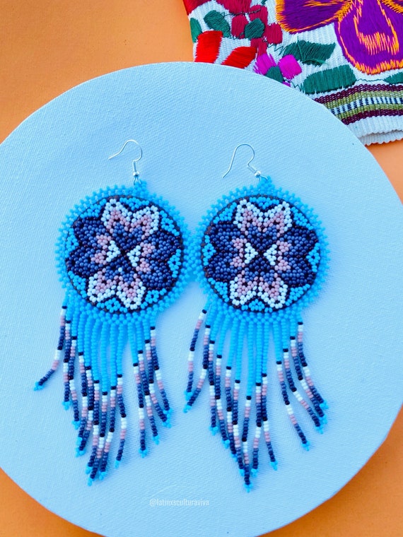 Mexican Earrings, Huichol Earrings, Handmade Earrings, Colorful Huichol Earrings. Statement Earrings, Beaded Mexican Earrings, Boho Earrings