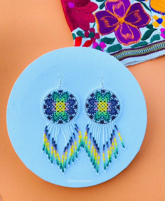 Handmade Huichol Earrings, Mexican Art, Ethnic Earrings, Huichol Chaquira ,Mexican Earrings, Boho Style Earrings, Women's Earrings.
