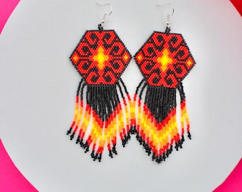 Mexican Earrings Huichol Earrings Floral Mexican Earrings, Boho Floral Earrings, Huichol Beaded Earrings, Beaded Earrings Statement Earrings
