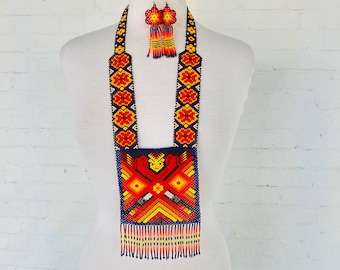 Handmade Mexican Jewelry set, Huichol Art, Beaded Necklace,Mexican Colorful Jewelry set, Mexican Necklace,Collar artesanal, free shipping