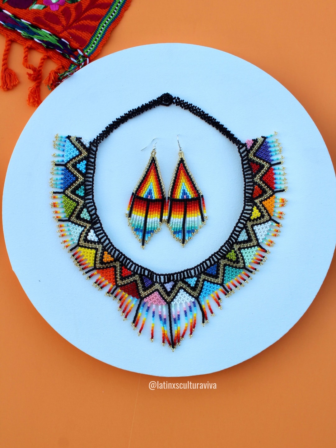 Handmade Mexican Jewelry Set, Huichol Art, Beaded Necklace, Mexican