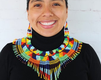 Beaded Necklace, Huichol Necklace, Mexican Jewelry, Mexican Necklace, Huichol Jewelry Set, Mexican Jewelry for Women, Huichol Art,