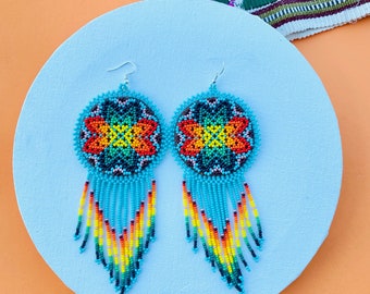 Seed Bead Mexican Earrings, Huichol Jewelry, Mexican Earrings, Boho Style Earrings, Huichol Beadwork, Dangle Earrings, Gift for Her