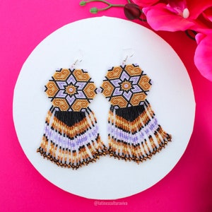 Huichol Earrings, Mexican Earrings, Hand Beaded Earrings, Flower Earrings, Mexican Jewelry, Mexican Folk Art, Boho Style Earrings