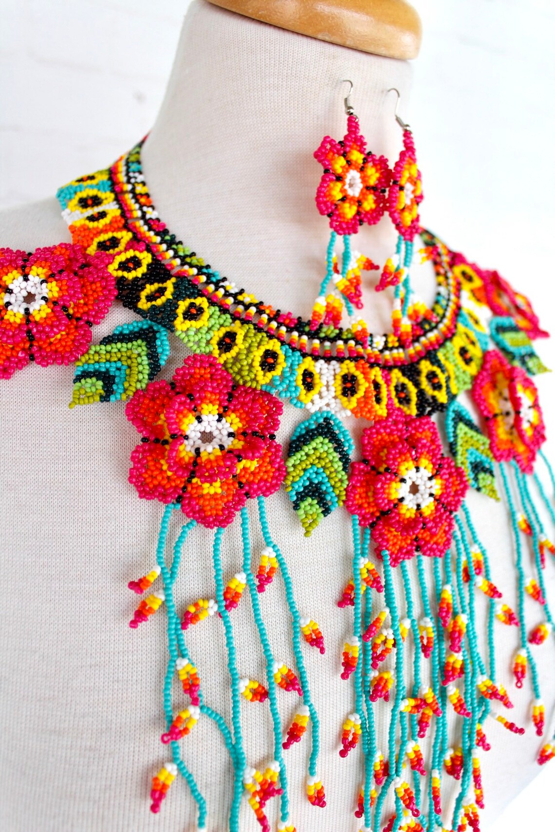 Collier Vintage Mexicain Perles De Verre Tressées - Sautoir Indien - État Excellent Jamais Porté