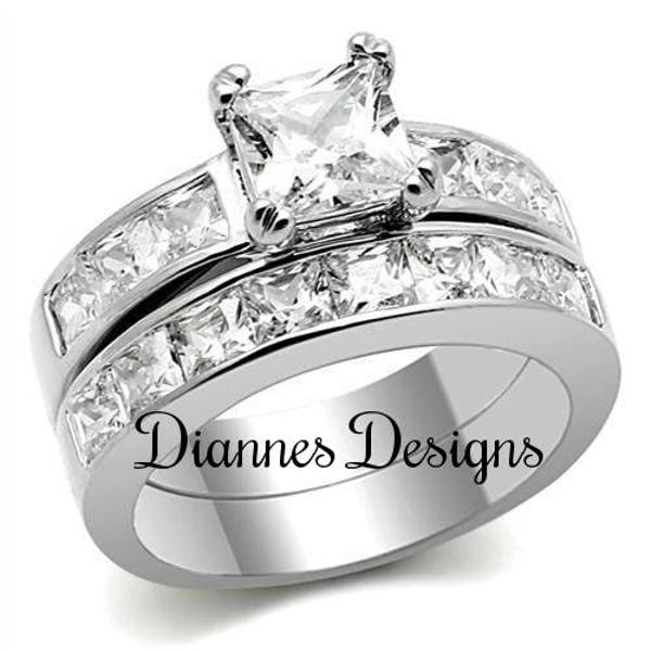 08 - Princess CZ Diamond Wedding Bridal Ring Set in Stainless Steel