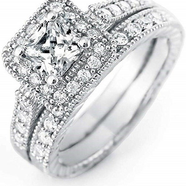 36 - Vintage Inspired Filigree 1 Carat Princess CZ Diamond Wedding Ring Set