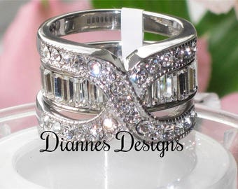 154 - CZ Diamond Baguette 2 Piece Wedding Bridal Ring Set in Stainless Steel