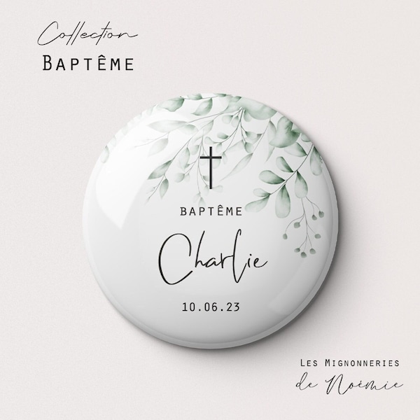 Badge baptême ou communion Feuillage personnalisé