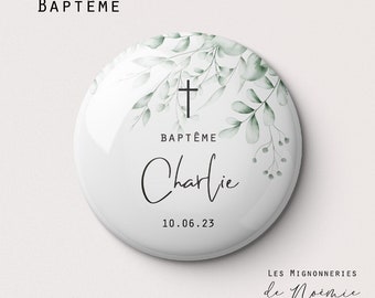 Badge baptême ou communion Feuillage personnalisé