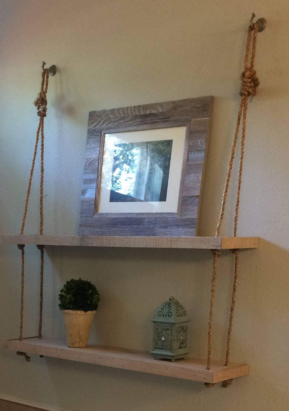 Items similar to Hanging Reclaimed Wood Rope Shelf on Etsy