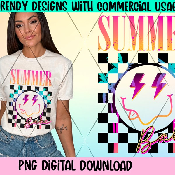 Retro summer smiley face png, summer Babe png, summer sublimation design, neon summer png, retro smiley face png, cute summer shirt design