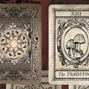 May include: Four vintage-style tarot cards with black and white illustrations. The cards are titled "The Toadstool", "The Hare", "The Magpies", and "XIII".