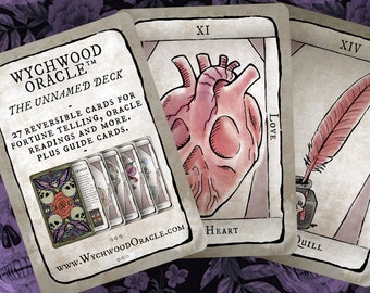 May include: Three tarot cards from the Wychwood Oracle: The Unnamed Deck. The cards are beige with black text and illustrations. The first card is a close-up of the deck's title card. The second card is numbered XI and features a red heart with a skull inside. The third card is numbered XIV and features a quill pen and inkwell.