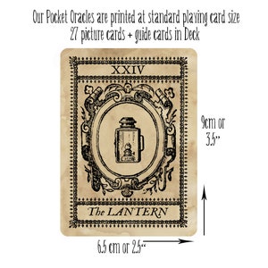 May include: A vintage-style oracle card with the number XXIV and the text "The LANTERN" printed on it. The card features a black and white illustration of a lantern with a flame inside. The card is 6.5 cm or 2.5 inches wide and 9 cm or 3.5 inches tall.
