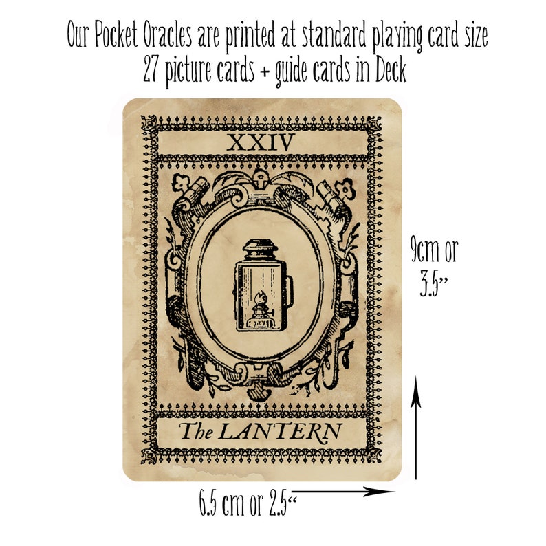 May include: A vintage-style oracle card with the number XXIV and the text "The LANTERN" printed on it. The card features a black and white illustration of a lantern with a flame inside. The card is 6.5 cm or 2.5 inches wide and 9 cm or 3.5 inches tall.