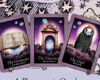 May include: Three tarot cards with purple backgrounds and gold accents. The first card shows an open book with the text "The Grimoire" and "Knowledge". The second card shows a doorway with the text "The Doorway" and "Beginnings". The third card shows an owl with a crown on its head with the text "The Owl" and "Wisdom". The cards are part of a deck called "A Phantasmic Oracle".