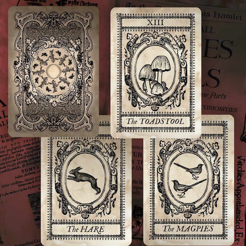 May include: Four vintage-style tarot cards with black and white illustrations. The cards are titled "The Toadstool", "The Hare", "The Magpies", and "XIII".
