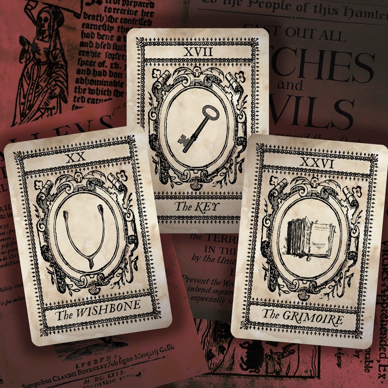May include: Three vintage tarot cards with black and white illustrations. The cards are numbered XX, XVII, and XXVI. The card numbered XX shows a wishbone, the card numbered XVII shows a key, and the card numbered XXVI shows a book. The cards are titled "The Wishbone", "The Key", and "The Grimoire".