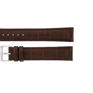 May include: A brown leather watch strap with a crocodile pattern and a silver buckle.