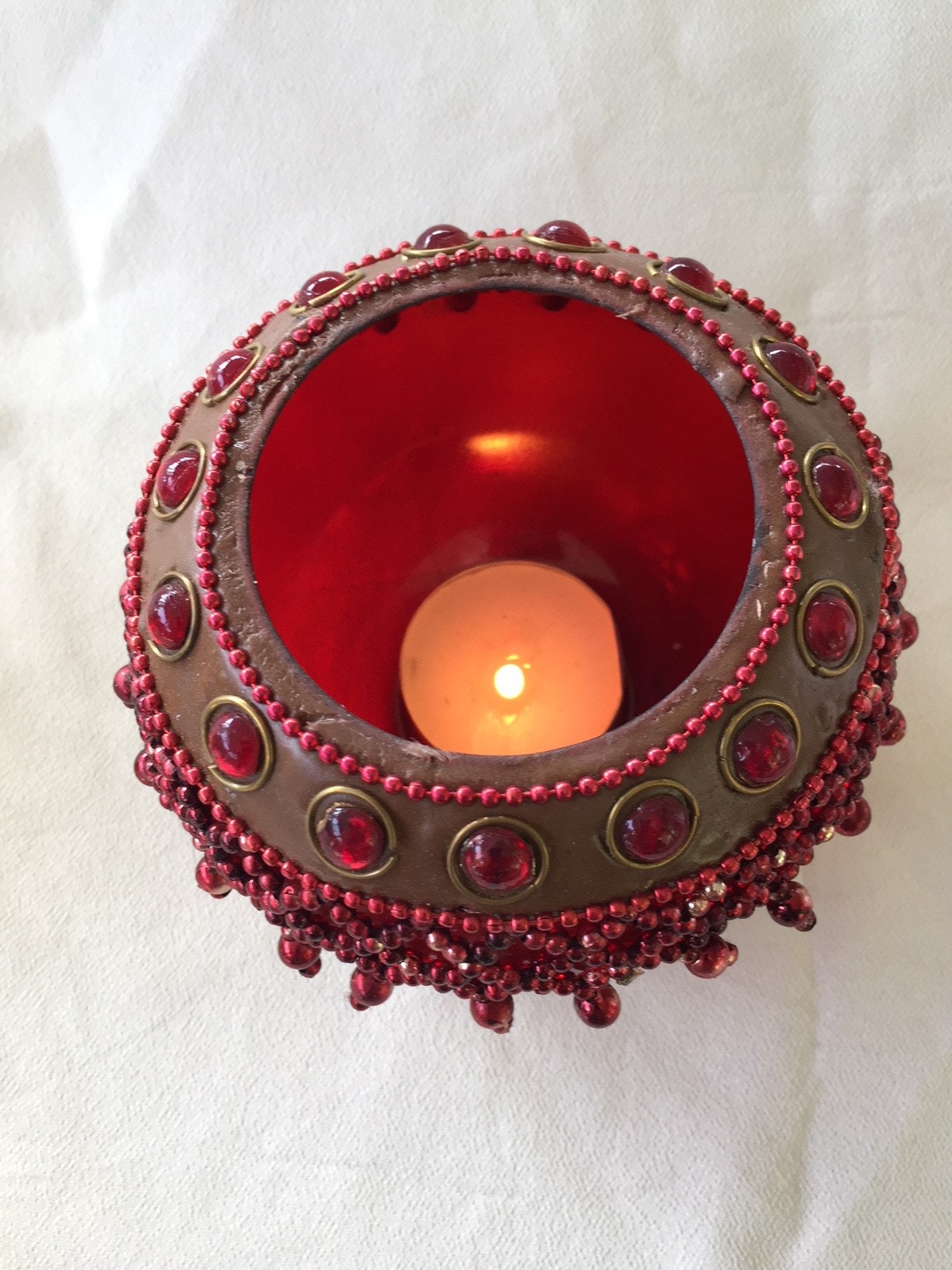 Red Tea Light Holder Cup Beaded Glass Candle Holder Votive Hand Made