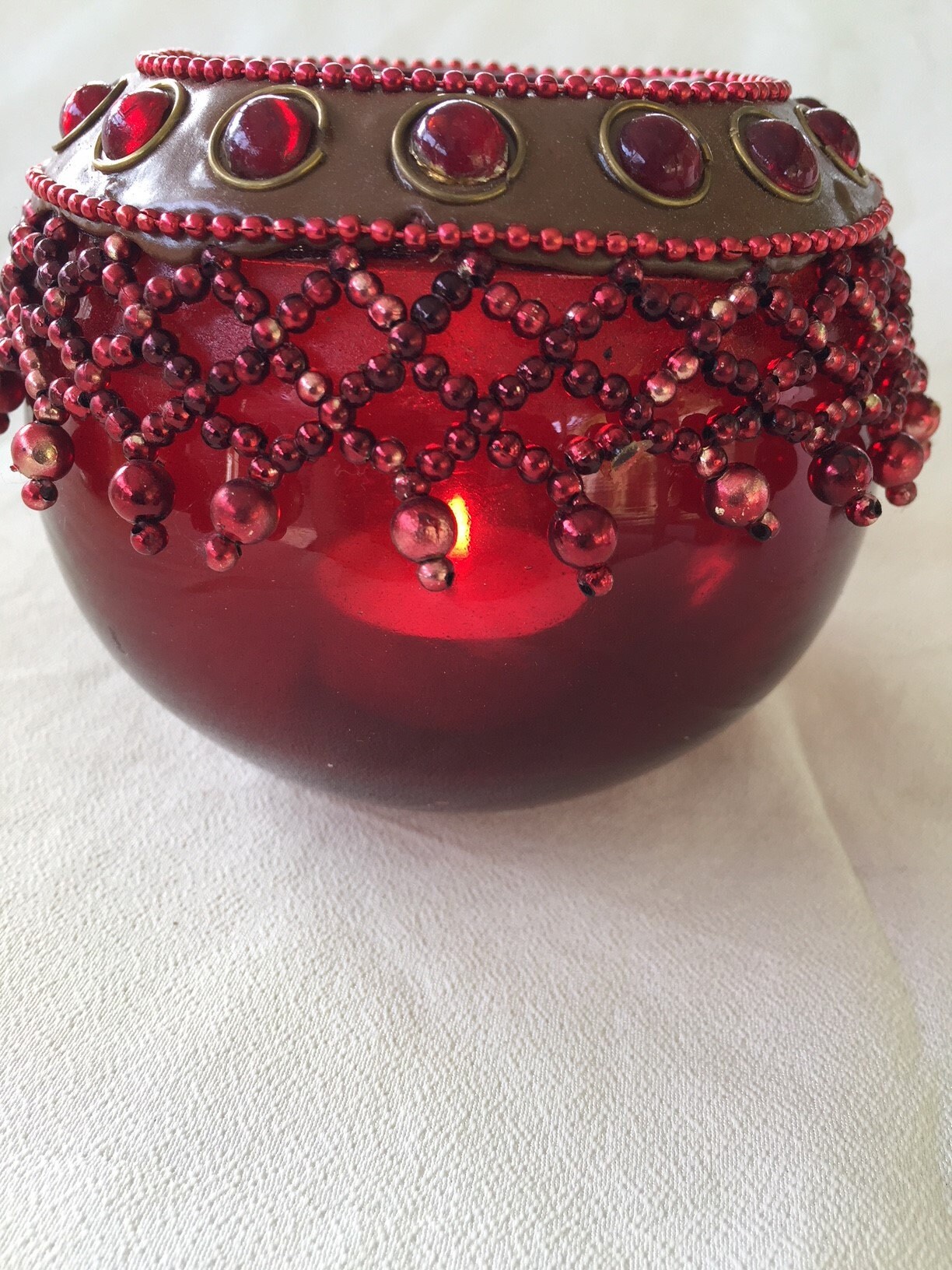Red Tea Light Holder Cup Beaded Glass Candle Holder Votive Hand Made