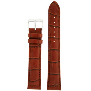 May include: A brown leather watch strap with a crocodile pattern. The strap has a silver buckle.