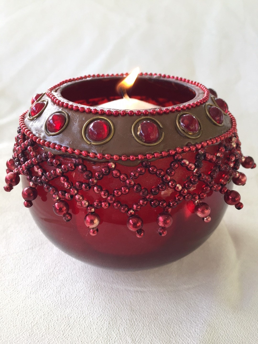 Red Tea Light Holder Cup Beaded Glass Candle Holder Votive Hand Made