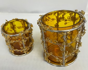 Amber/Gold Color Tea Light Holder Cup Beaded Glass Candle Holder Votive Hand Made