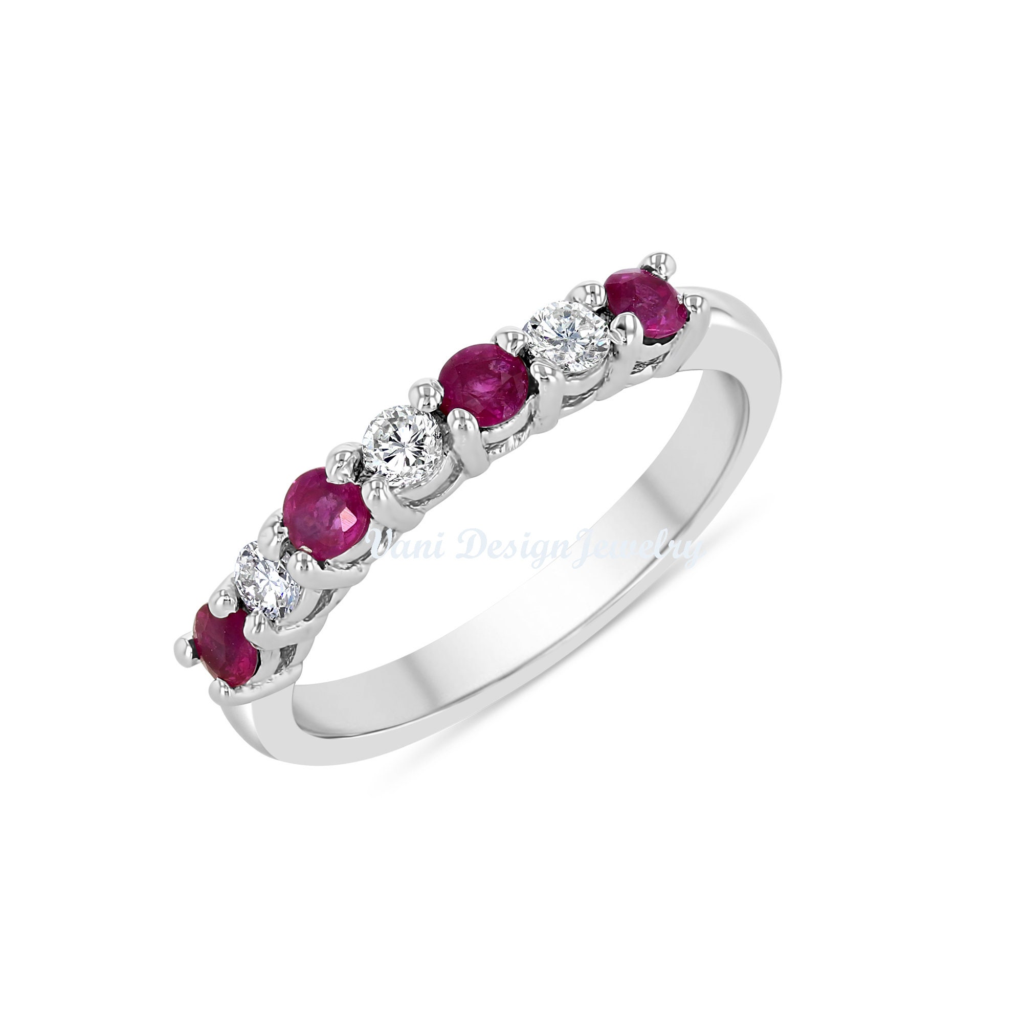 7 ダイヤモンドとルビーの結婚指輪 14 KT ホワイトゴールド 3.00 MM
