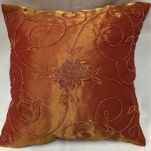 Pillow Cover Silk Floral Beaded Set of 2 COPPER 16"x 16" Available in 5 colors